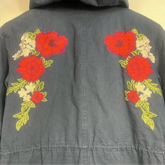 Tea N Rose Hooded Utility Trench Coat Jacket Floral Embroidery Boho Size S/M - Picture 2 of 11